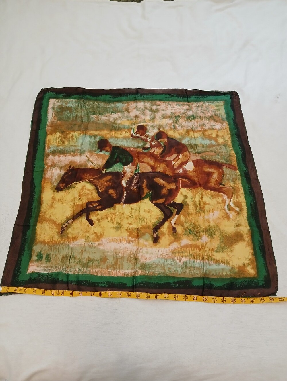 Vintage Horse Racing Silk Scarf - Green and Brown hand rolled edges - Picture 3 of 6